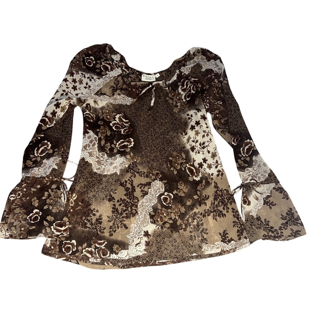 Rema Women's Long Sleeve Sheer Brown Bell Sleeve Blouse Size Small Boho Floral
